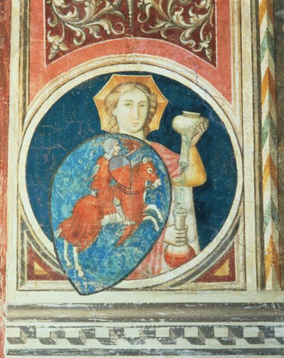 Alegorická postava Temperance, jedno z několika zobrazení Ctností rámujících militantní spravedlnost ze Salone del Consiglio od Arrigo di Niccolo
