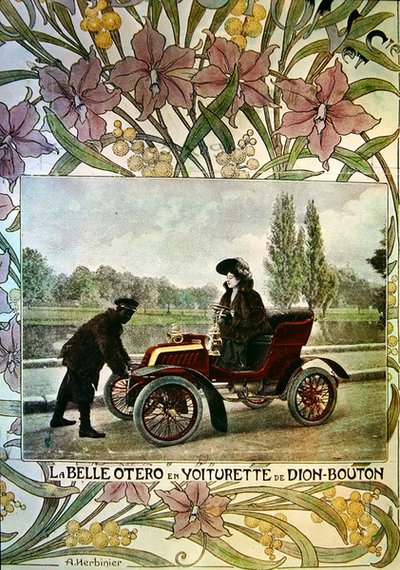 La Belle Otero za volantem vozu De Dion-Bouton, kolem roku 1900 od Arsene Herbinier