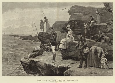 Rybolov u Filey Brigg, Yorkshire (rytina) od Arthur (after) Hopkins