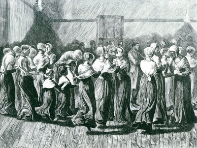 Shakers at a Meeting: the Religious Dance, ilustrace z, The Graphic, publikované 14. května 1870 od Arthur Boyd Houghton