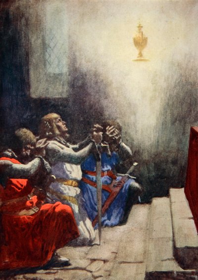 Galahad sám mohl vidět dokonalou krásu Svatého grálu, kolem roku 1925 (barva litho) od Arthur C. (after) Michael