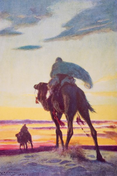 Let Mohameda do Mediny, ilustrace z „Nástin historie“ od H. G. Wellse, svazek II, vydané v roce 1920 (barevné lito) od Arthur C. (after) Michael