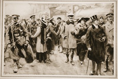 Víkend pryč z fronty: Britští důstojníci a muži na krátké dovolené ze zákopů přijíždějících do Victorie, z „The Illustrated War News“ od Arthur C. (after) Michael