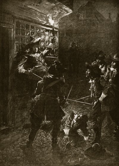 Stoupenci krále Karla II. napadli Sira Johna Coventryho, 1670, ilustrace z Hutchinsonova „Příběhu britského národa“, kolem roku 1920 od Arthur David McCormick