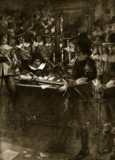 Strafford předkládá svůj meč v Dolní sněmovně, ilustrace z Hutchinsonova „Příběhu britského národa“, kolem roku 1920 od Arthur David McCormick
