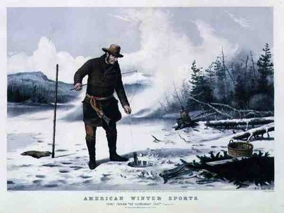Americké zimní sporty: Lov pstruhů na jezeře Chateaugay, hospoda. od Currier & Ives od Arthur Fitzwilliam (after) Tait