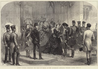 Královna Viktorie přijímající perského šáha u vchodu panovníka, hrad Windsor, 20. června od Arthur Hopkins
