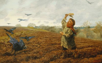 Plašič vran; „Holubi a vrány, postarejte se o své prsty“, 1884 od Arthur Hughes