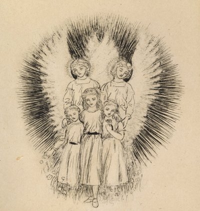Tři malé děti na širé Zemi (pero a černý inkoust na špinavě bílém papíře) od Arthur Hughes