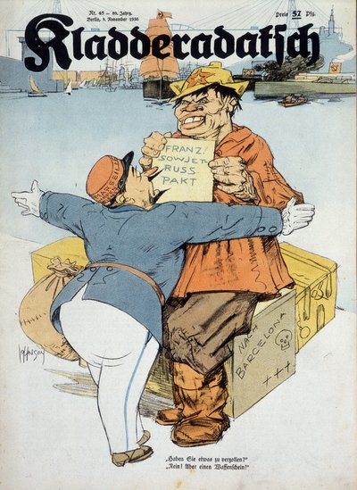 Německá karikatura k francouzsko-sovětským dohodám (francouzský celník a ruský námořník:" Máte něco k proclení Ne! Jen zbraně!" (Kontext španělské války), "Kladderadatsch" 8. 11. 1936, il. Arthur Johnson (1874-1954). od Arthur Johnson