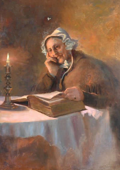 Portrét staré ženy čtoucí Bibli při svíčkách, 1896 od Arthur Netherwood