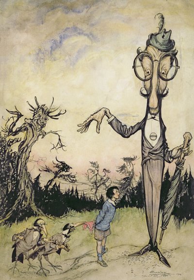 Obr s dítětem a dvěma vránami, ilustrace z Knihy Betty Barberové od Maggie Brownové, pub. 1910 (pero a inkoust, později kolorováno Harrym Rountreem, 1878-1950) (také ilustrace ke Knize o od Arthur Rackham