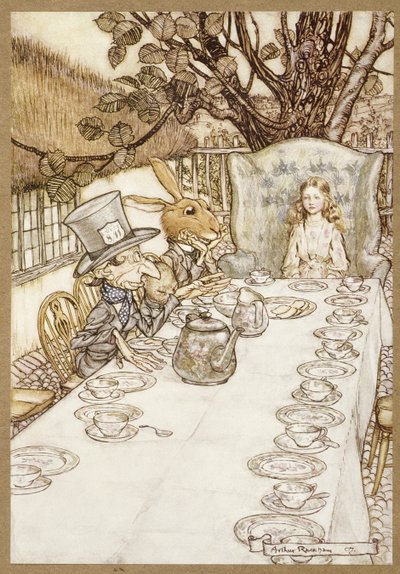 Šílený čajový dýchánek, z Alenčina dobrodružství v říši divů, Lewis Carroll, hospoda. 1907 (barevné lito) od Arthur Rackham