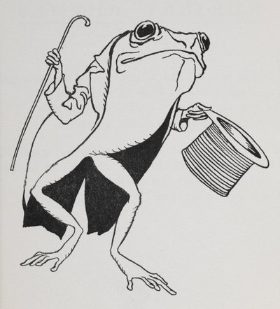 Žába nosí cylindr a ocasy, nesoucí hůl. od Arthur Rackham