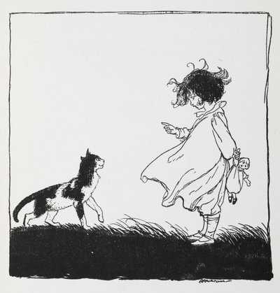Dívka s panenkou říká své kočce. od Arthur Rackham