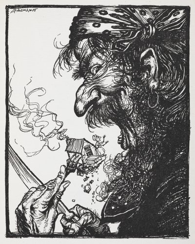 Velký muž jí malou dámu a její dům. od Arthur Rackham