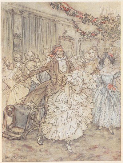 Strana hrající slepý blaf. Muž se zavázanýma očima pronásleduje ženu v nabíraných šatech od Arthur Rackham