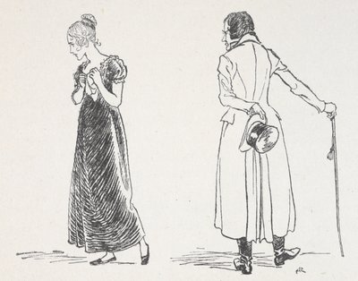 Mladý pár se hádal, žena se odvrátila a svírala si na hrudi kapesník od Arthur Rackham