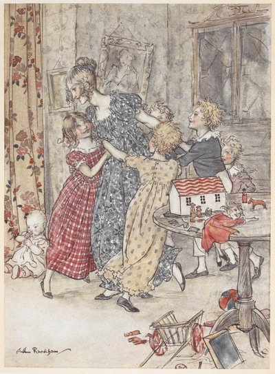 Mladá žena a děti tančí kolem herny plné hraček od Arthur Rackham