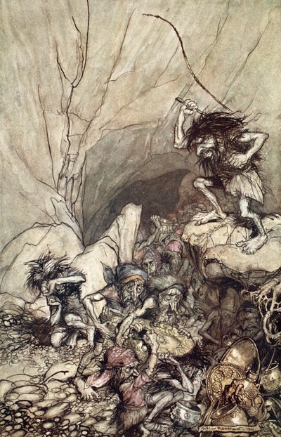 „Alberich jede v tlupě Nibelungů se zlatými a stříbrnými poklady“, 1910. od Arthur Rackham