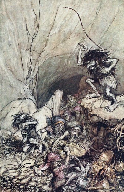 Alberich jede ve skupině Niblungů obtěžkaných zlatým a stříbrným pokladem. Ilustrace pro The Rhi od Arthur Rackham