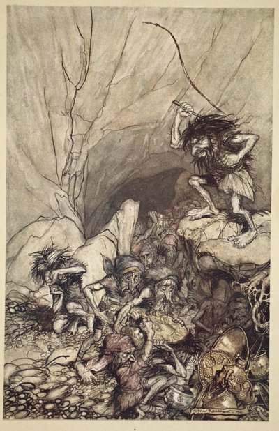 Albrech veze skupinu Nibelungů se zlatými a stříbrnými poklady, z knihy "Rýnské zlato a valkýra". od Arthur Rackham