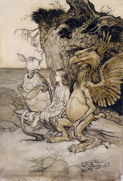 Alice and the Mock Turtle, ilustrace z Alices Adventures in Wonderland, 1907 (pero a inkoust & wc na papíře) od Arthur Rackham