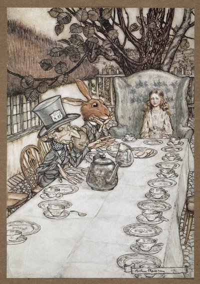 Alice na čajové párty šíleného kloboučníka s březnovým zajícem, plchem a šíleným kloboučníkem od Arthur Rackham