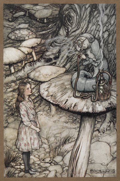 Alice mluví s housenkou, která sedí na houbě a kouří dýmku od Arthur Rackham