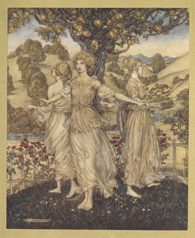 Všichni uprostřed zahradního jarmarku Hespera a jeho tří dcer, které zpívají o zlatém stromě. od Arthur Rackham