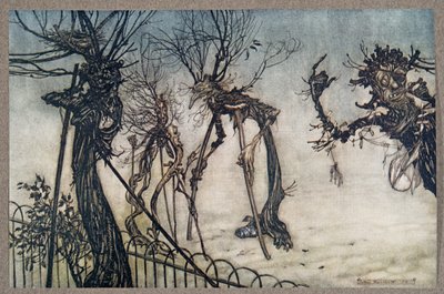 Bezinka se kulhala přes chodník a stála a povídala si s několika malými dětmi... od Petera Pana v Kensington Gardens od J. M. Barrieho (1860 - 1937), hospoda. 1906 od Arthur Rackham