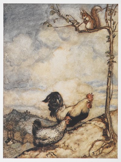 Ilustrace slepice, kohouta a veverky z Dobrodružství Chanticleera a Partleta. od Arthur Rackham