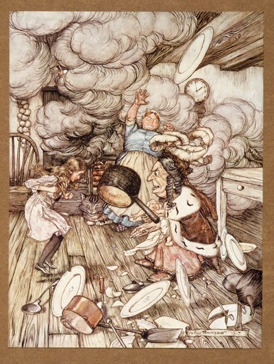 Neobvykle velký rendlík letěl těsně vedle něj a málem ho odnesl z Alices Adventures in Wonderland, Lewis Carroll, pub.1907 od Arthur Rackham