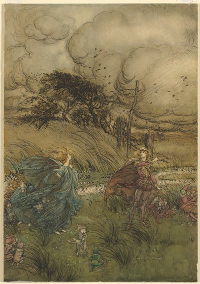 "A teď se nikdy nepotkají v háji nebo v zeleni," z 2. dějství, scéna 1 ze Snu noci svatojánské od Williama Shakespeara od Arthur Rackham