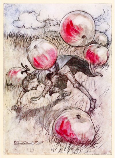 Jablka mi padala kolem uší z části II: A Voyage to Brobdingnag v Gullivers Travels od Jonathana Swifta od Arthur Rackham