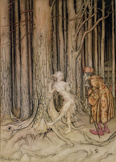 Konečně potkala ženicha, který se pomalu vracel, ilustrace pro Fitchers Bird, od Bratříčka, sestřička, od bratří Grimmů, 1917 (wc a pero a inkoust na papíře) (viz také 28797) od Arthur Rackham