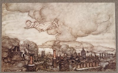 Pryč letěl přímo nad domy do Gardens, od Petera Pana v Kensington Gardens od J. M. Barrieho (1860 - 1937), hospoda. 1906 od Arthur Rackham