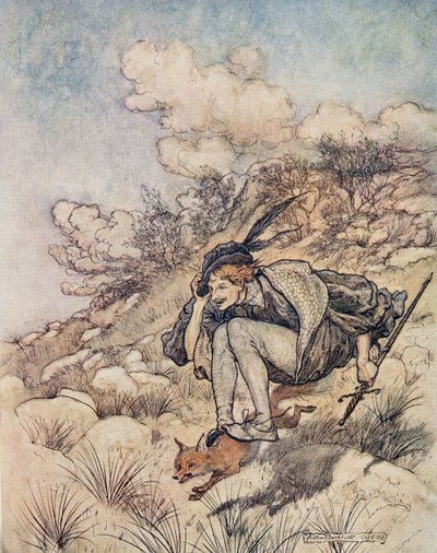 Letěli přes pažbu a kámen takovým tempem, že mu vlasy svištěly ve větru, z hospody Pohádky bratří Grimmů. 1909 od Arthur Rackham