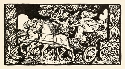 Becfola ve svém voze z The Wooing of Becfola v Irish Fairy Tales od Arthur Rackham