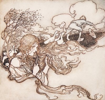 Foukej, foukej, malý vánek a Conradův klobouk se chytí. z Pohádek bratří Grimmů, hospoda. 1909 od Arthur Rackham