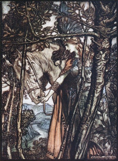 Brünnhilde vede svého koně za uzdu. Ilustrace ke skladbě The Rhinegold and The Valkyrie od Richa od Arthur Rackham