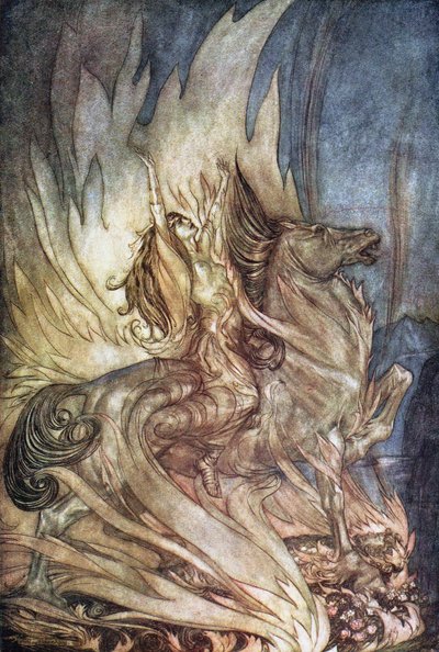 Brünnhilde on Grane skočí na pohřební hranici Siegfrieda. Ilustrace pro Siegfried and The Tw od Arthur Rackham