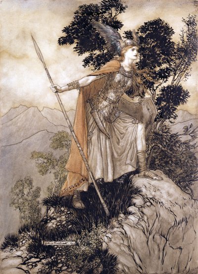 Brunhilde, ilustrace z The Rhinegold and the Valkyrie od Richarda Wagnera, 1910 (pero a inkoust, wc na papíře) od Arthur Rackham