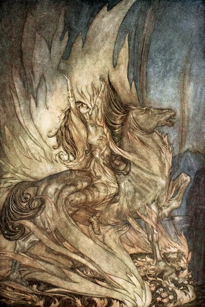„Brunnhilde na Grane skočí na pohřební hranici Siegfrieda“, 1924. od Arthur Rackham