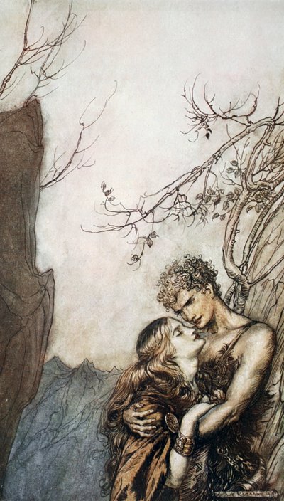 „Brunnhilde se vrhá Siegfriedovi do náruče“, 1924. od Arthur Rackham