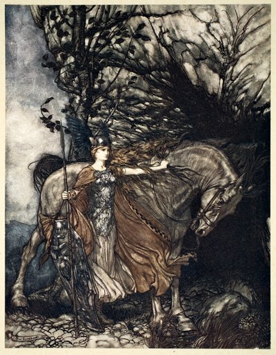 „Brunnhilde s koněm u ústí jeskyně“, 1910. od Arthur Rackham