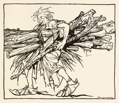 Carl staví přístřešek na noc z filmu Carl of the Drab Coat v Irish Fairy Tales od Arthur Rackham