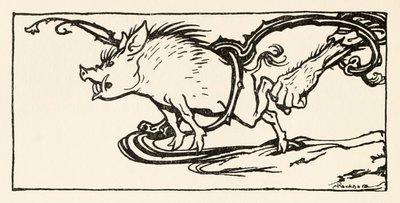 Carl chytající divočáka k večeři z filmu Carl of the Drab Coat v Irských pohádkách od Arthur Rackham