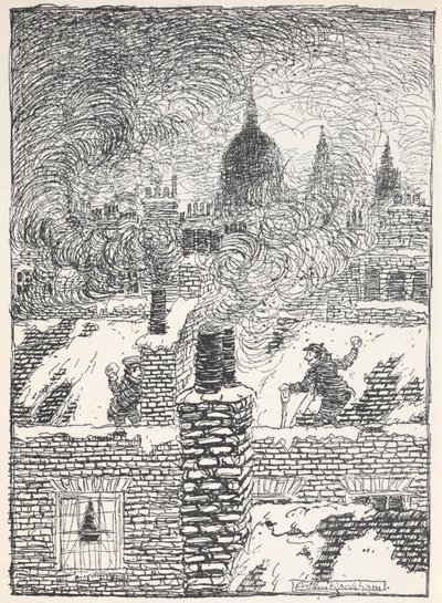 Děti hrající si v noci na střechách ve sněhu, s kupolí svatého Pavla v dálce. od Arthur Rackham