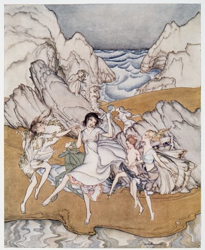 Přijďte na tyto žluté pískové ilustrace z The Bouře od Williama Shakespeara, hospoda. 1926 od Arthur Rackham